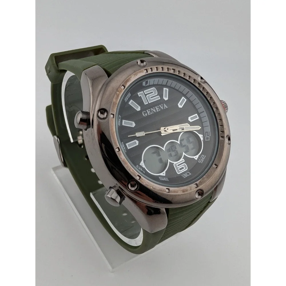 Geneva Watch Men 43mm Case Analog Digital‎ Green Band- New Battery